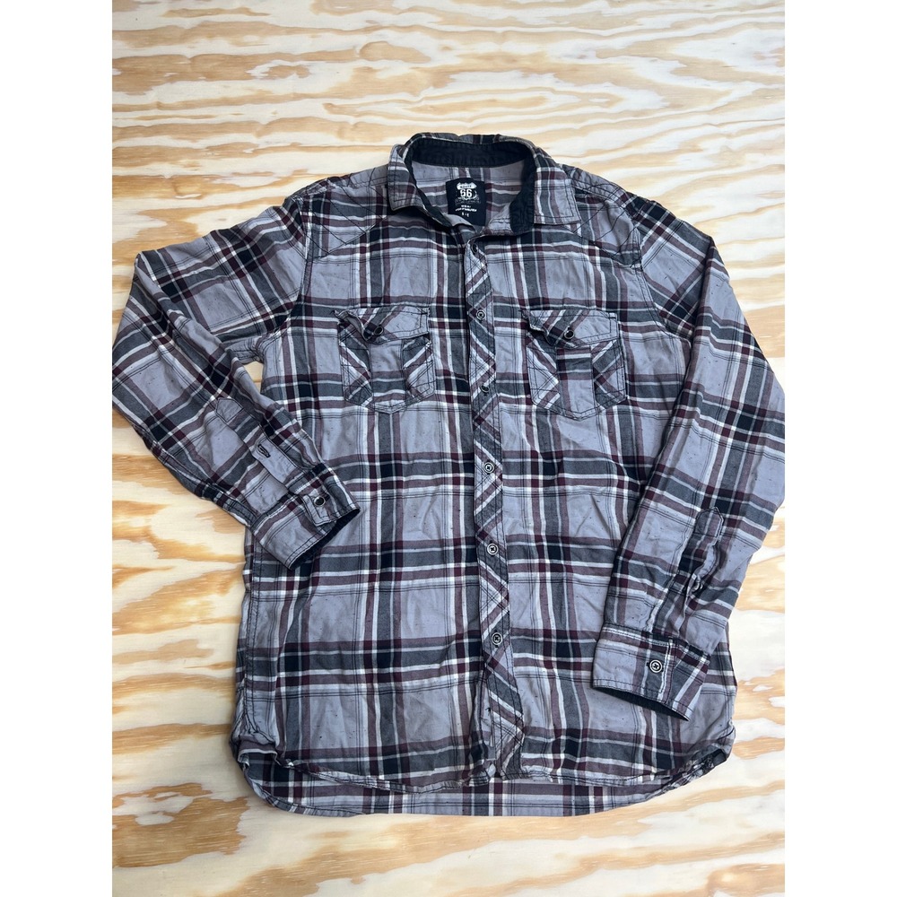 Route 66 Mens Gray Burgundy Plaid Long Sleeve Button Down Shirt Small